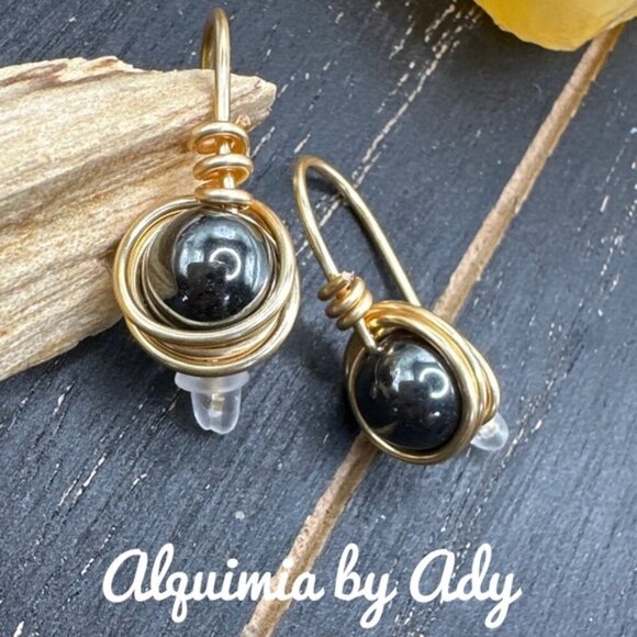 Elegant gold and gray hematite drop earrings - Picture 1 of 1